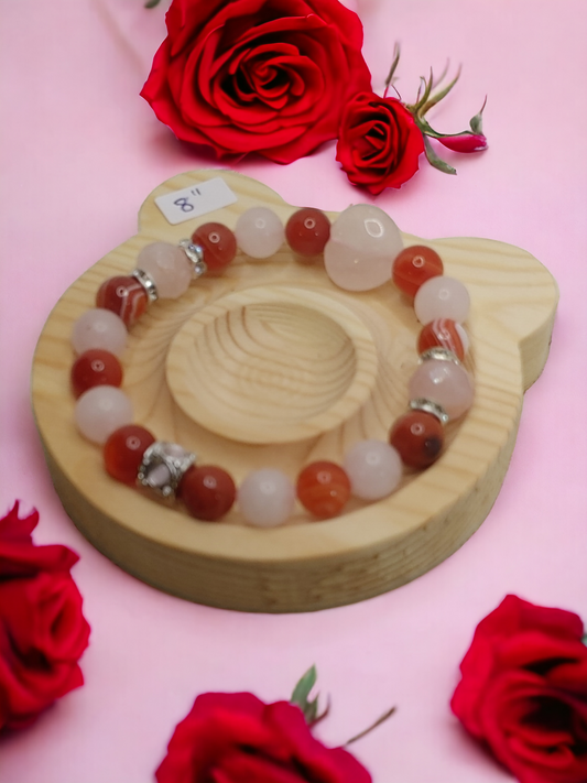 Rose Quartz & Carnelian Crystal Bracelet - with copper spacers & charm